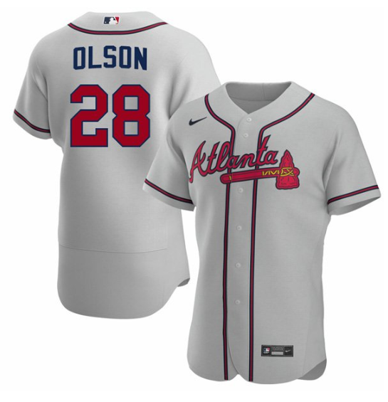 Men's Atlanta Braves #28 Matt Olson Grey Flex Base Stitched Baseball Jersey Men's Atlanta Braves #28 Matt Olson Grey Flex Base Stitched Baseball Jersey
